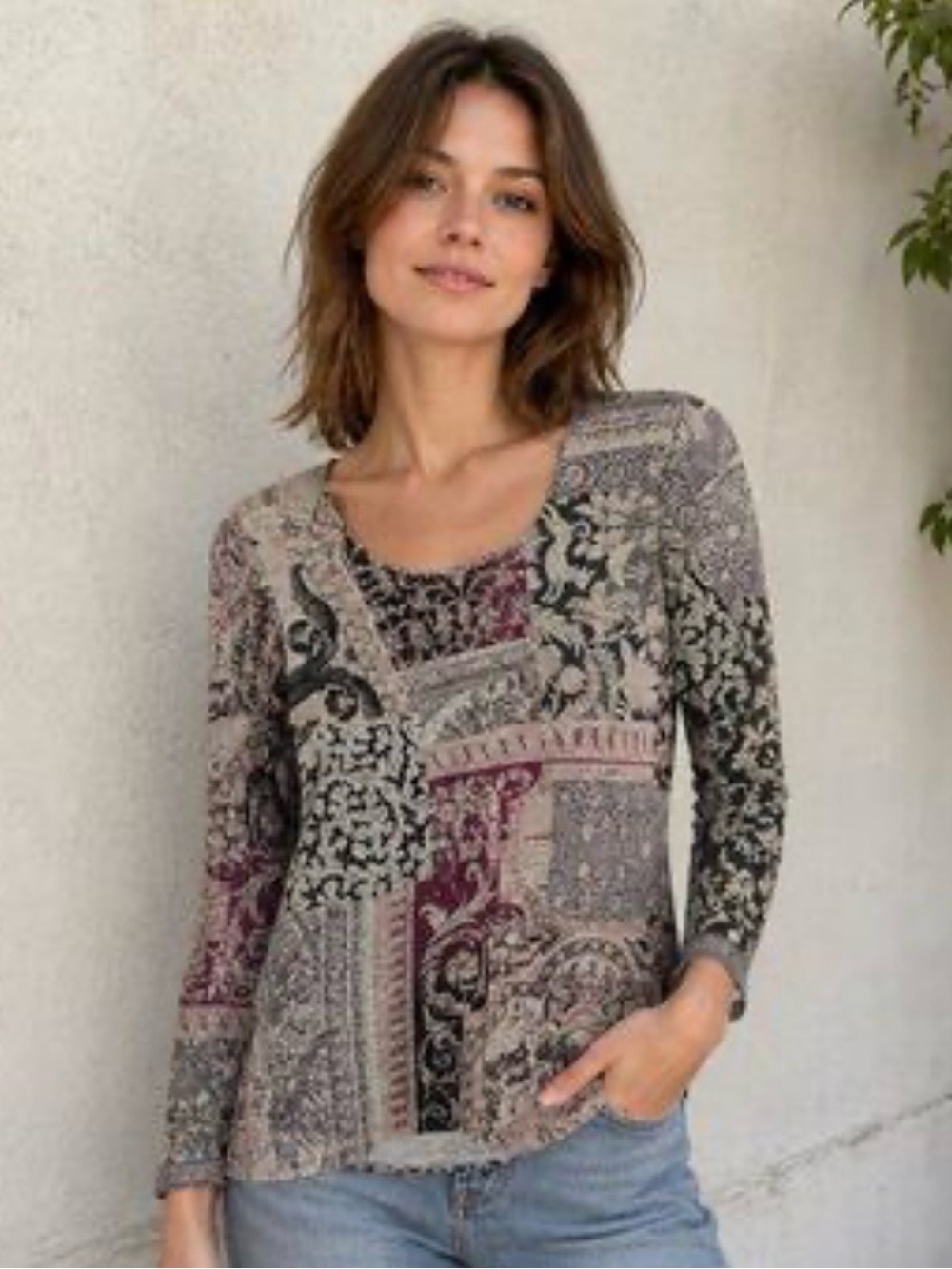 Christopher & Banks Pull Over Knit Printed Top w 3/4 Length Sleeves petite med
